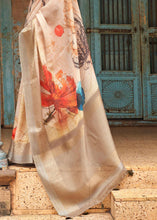 Load image into Gallery viewer, Beige Brown Floral Printed linen Saree with Zari Border