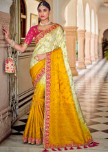Load image into Gallery viewer, White &amp; Yellow Floral Zari Woven Banarasi Silk Saree with Embroidered Blouse