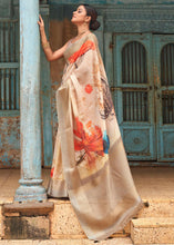 Load image into Gallery viewer, Beige Brown Floral Printed linen Saree with Zari Border