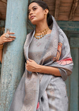 Load image into Gallery viewer, Shades Of Grey Floral Printed linen Saree with Zari Border