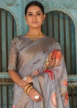 Load image into Gallery viewer, Shades Of Grey Floral Printed linen Saree with Zari Border