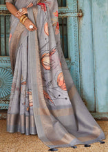 Load image into Gallery viewer, Shades Of Grey Floral Printed linen Saree with Zari Border