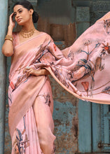 Load image into Gallery viewer, Peach Pink Floral Printed linen Saree with Zari Border