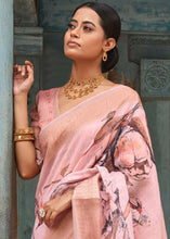 Load image into Gallery viewer, Peach Pink Floral Printed linen Saree with Zari Border