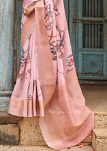 Load image into Gallery viewer, Peach Pink Floral Printed linen Saree with Zari Border
