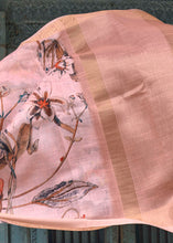 Load image into Gallery viewer, Peach Pink Floral Printed linen Saree with Zari Border