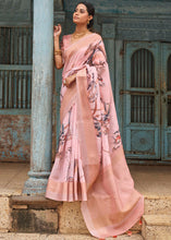 Load image into Gallery viewer, Peach Pink Floral Printed linen Saree with Zari Border