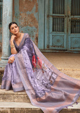 Load image into Gallery viewer, Shades Of Purple Floral Printed linen Saree with Zari Border