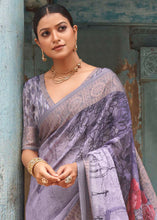 Load image into Gallery viewer, Shades Of Purple Floral Printed linen Saree with Zari Border