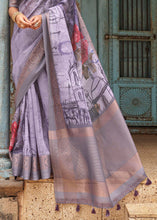 Load image into Gallery viewer, Shades Of Purple Floral Printed linen Saree with Zari Border