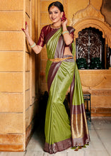 Load image into Gallery viewer, Olive Green Zari Woven Kanjivaram Silk Saree with Contrast Border &amp; Pallu