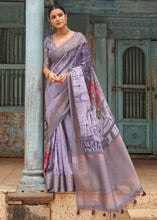 Load image into Gallery viewer, Shades Of Purple Floral Printed linen Saree with Zari Border