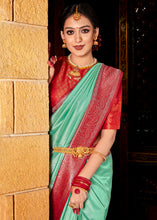 Load image into Gallery viewer, Mint Green Zari Woven Kanjivaram Silk Saree with Contrast Border &amp; Pallu