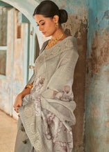 Load image into Gallery viewer, Brownish Grey Floral Printed linen Saree with Zari Border