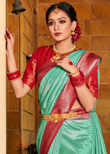 Load image into Gallery viewer, Mint Green Zari Woven Kanjivaram Silk Saree with Contrast Border &amp; Pallu