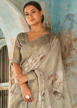 Load image into Gallery viewer, Brownish Grey Floral Printed linen Saree with Zari Border