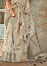 Load image into Gallery viewer, Brownish Grey Floral Printed linen Saree with Zari Border
