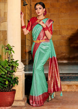 Load image into Gallery viewer, Mint Green Zari Woven Kanjivaram Silk Saree with Contrast Border &amp; Pallu