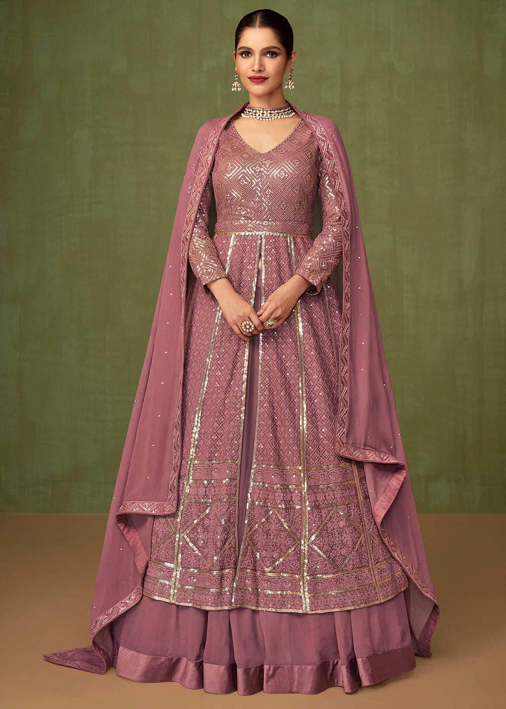 Thulian Pink Georgette Front Slit Cut Lehenga Suit with Embroidery work