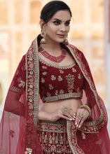 Laden Sie das Bild in den Galerie-Viewer, Maroon Red Velvet Lehenga Choli Having Heavy Embroidery &amp; Hand work: Bridal Edition