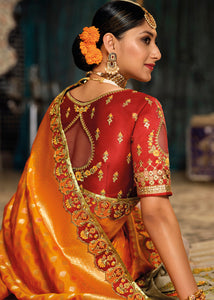 Brown & Orange Half N Half Banarasi Silk Saree with Embroidered work
