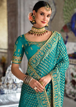 Load image into Gallery viewer, Grey &amp; Blue Half N Half Banarasi Silk Saree with Embroidered work