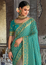 Load image into Gallery viewer, Grey &amp; Blue Half N Half Banarasi Silk Saree with Embroidered work
