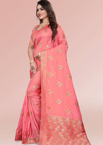 Rouge Pink Zari Woven Silk Saree with Tassels on Pallu