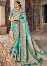 Load image into Gallery viewer, Blue &amp; Grey Zari Woven Banarasi Silk Saree with Embroidered Blouse