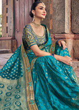 Load image into Gallery viewer, Shades Of Blue Zari Woven Banarasi Silk Saree with Embroidered Blouse
