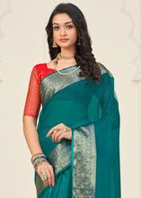 Load image into Gallery viewer, Prussian Blue Designer Organza Silk Saree with Tassels On Pallu