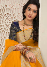 Load image into Gallery viewer, Fire Yellow Designer Organza Silk Saree with Tassels On Pallu