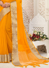 Load image into Gallery viewer, Fire Yellow Designer Organza Silk Saree with Tassels On Pallu