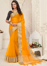 Load image into Gallery viewer, Fire Yellow Designer Organza Silk Saree with Tassels On Pallu