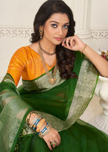 Load image into Gallery viewer, Hunter Green Designer Organza Silk Saree with Tassels On Pallu