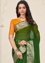 Load image into Gallery viewer, Hunter Green Designer Organza Silk Saree with Tassels On Pallu