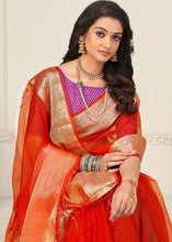Carica l'immagine nel visualizzatore Galleria,Scarlet Red Designer Organza Silk Saree with Tassels On Pallu