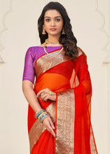 Carica l'immagine nel visualizzatore Galleria,Scarlet Red Designer Organza Silk Saree with Tassels On Pallu