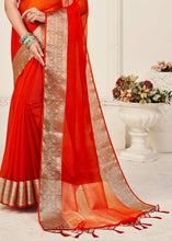 Carica l'immagine nel visualizzatore Galleria,Scarlet Red Designer Organza Silk Saree with Tassels On Pallu