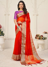 Carica l'immagine nel visualizzatore Galleria,Scarlet Red Designer Organza Silk Saree with Tassels On Pallu