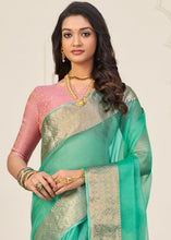 Carica l'immagine nel visualizzatore Galleria,Light Munsell Green Designer Organza Silk Saree with Tassels On Pallu
