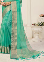 Carica l'immagine nel visualizzatore Galleria,Light Munsell Green Designer Organza Silk Saree with Tassels On Pallu