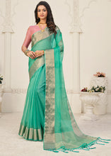 Carica l'immagine nel visualizzatore Galleria,Light Munsell Green Designer Organza Silk Saree with Tassels On Pallu