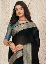 Load image into Gallery viewer, Onyx Black Designer Organza Silk Saree with Tassels On Pallu