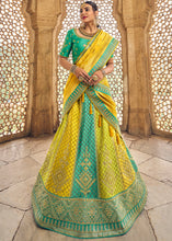 Load image into Gallery viewer, Yellow &amp; Blue Banarasi Silk Lehenga Choli with Heavy Embroidery Work