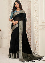 Load image into Gallery viewer, Onyx Black Designer Organza Silk Saree with Tassels On Pallu
