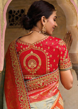 Load image into Gallery viewer, Grey &amp; Red Dola Silk Saree with Beautiful Embroidery work: Wedding Edition