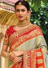 Load image into Gallery viewer, Grey &amp; Red Dola Silk Saree with Beautiful Embroidery work: Wedding Edition