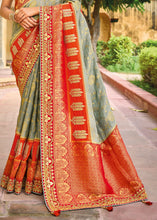 Load image into Gallery viewer, Grey &amp; Red Dola Silk Saree with Beautiful Embroidery work: Wedding Edition