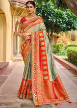 Load image into Gallery viewer, Grey &amp; Red Dola Silk Saree with Beautiful Embroidery work: Wedding Edition